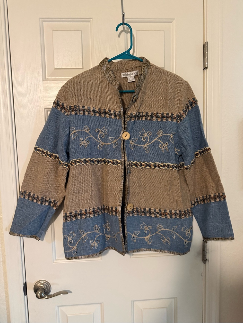 dressbarn Neutral Embroidered Open Cardigan with Blue Trim